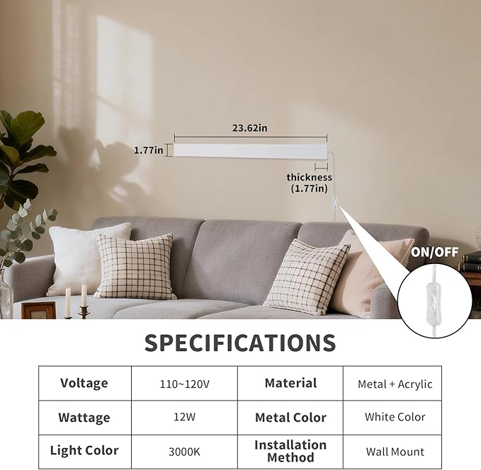 KELUOLY Modern Plug in Wall Sconces, 23.6 inch Frosted White LED Long Wall