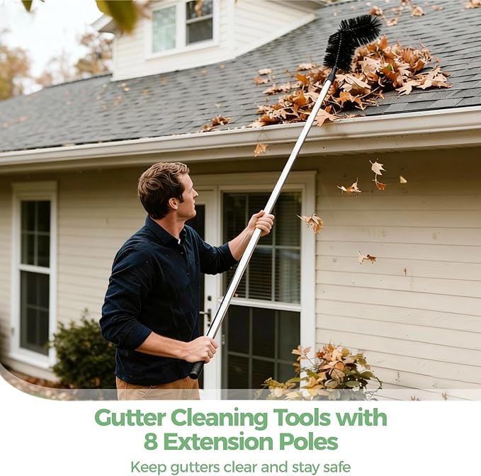 Ground Gutter Cleaning Tool, 105.5 in Extension Pole, Adjustable Gutter Cleaner Brush, L-Shaped Head, for Leaves Branches and Debris