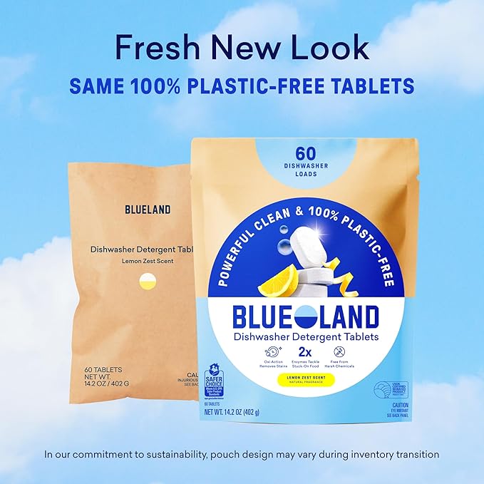 BLUELAND 100% Plastic-Free Dishwasher Detergent Tablets, 60 Count, Lemon Zest Scent, Eco Friendly Dishwashing Pods, Natural, USDA Certified biobased