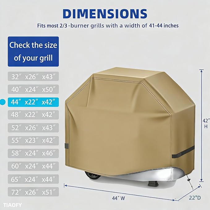 BBQ Gas Grill Cover for Outdoor, Anti-UV, Rip-Proof, 600D Oxford Fade Resistant Material, Barbecue Cover with Hook and Loop Straps & Adjustable Hem Drawstring (Beige, 44”x22”x42”)