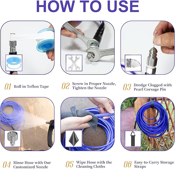 150FT Sewer Jetter Kit for Pressure Washer 1/4"NPT Drain Cleaner Hose 5800PSI Corner Rotating and Button Hose Sewer Jetting Nozzle Pearl Corsage Pin Tape Handle Strap Spanner
