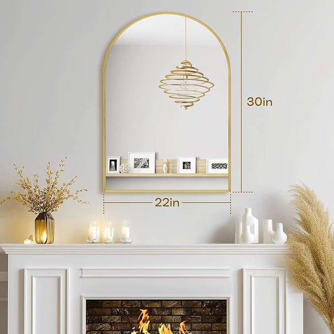 22" x 30" Gold Arched Mirror, Arch Bathroom Vanity Wall Mirror, Modern Aluminum