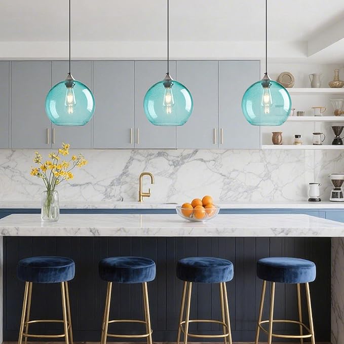 Light Blue Glass Pendant Lights Kitchen Island Globe Pendant Light Fixtures Modern Pendant Lighting for Bedroom Living Dining Room Light Fixture (9.84 in, 2 Pack)