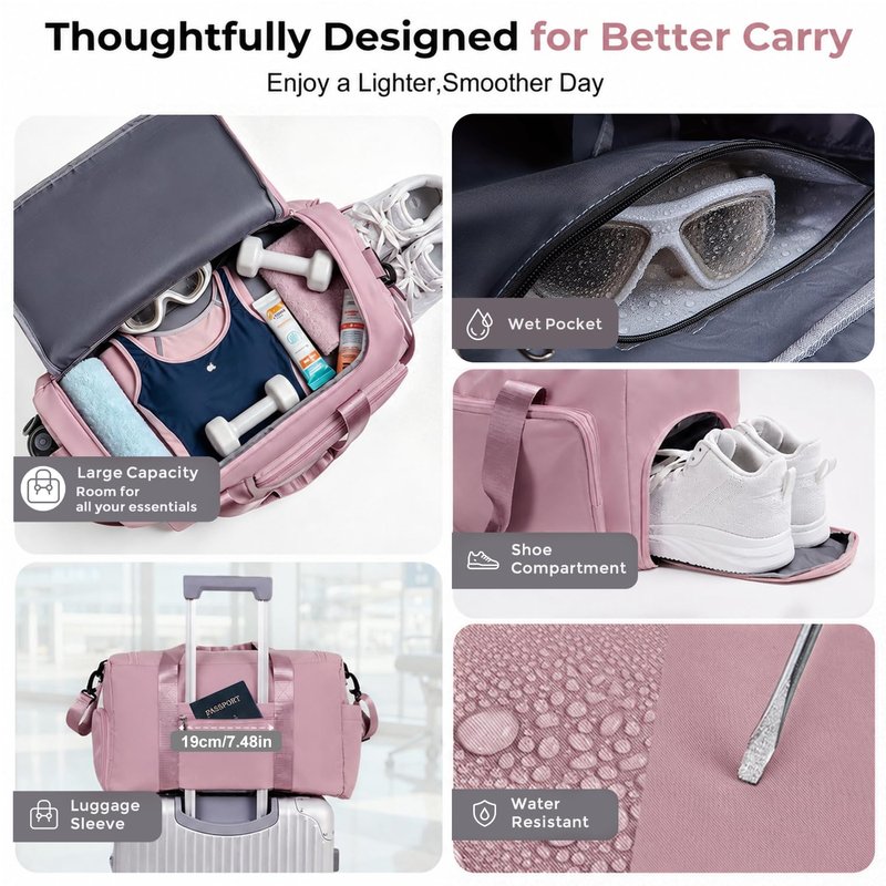 FIORETTO Women's Gym Duffle Bag with Shoes Compartment, 30L Capacity, Ideal for Travel, Gym, Sports, Duffel, Weekender, Pink
