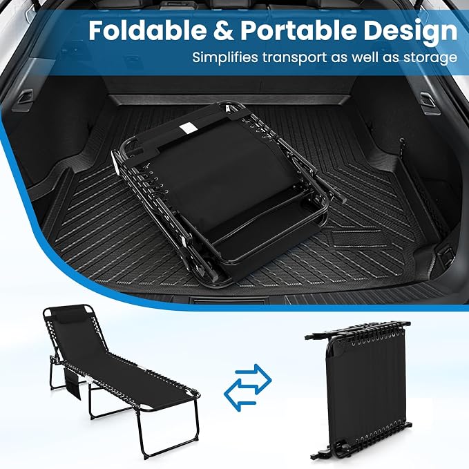 GYMAX Lounge Chairs for Outside, Extra High Folding Beach Tanning Lounger with Adjustable Backrest, Footrest & Removable Pillow, Sunbath Lounge for Patio, Lawn, Poolside (2, Black with Side Pocket)