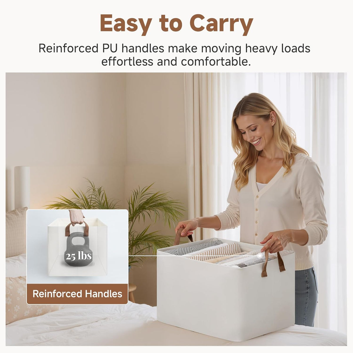 StorageWorks 45L Extra Large Fabric Storage Bins with PU Handles, Storage Baskets for Organizing, Large Laundry Basket, 2-Pack, Beige, 19" L X 13.25" W X 11" H