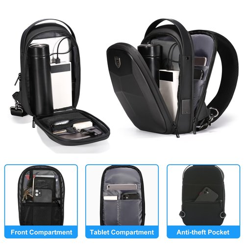 FENRUIEN Hard Shell Sling Bag for Men, Water Resistant Crossbody Backpack with USB Port, Black Chest Bag for Travel/Daily