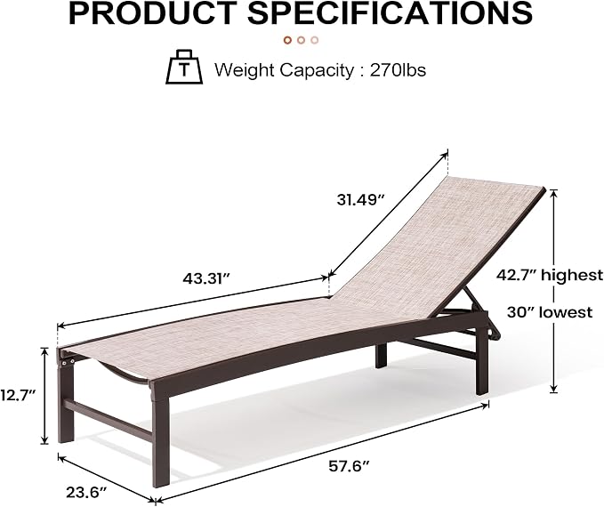 Crestlive Products Outdoor Lounge Chairs, Metal Pool Chaise Lounge Chairs, Adjustable Five-Position Tanning Recliner, All Weather for Patio, Beach, Yard, Pool (1PC Beige)