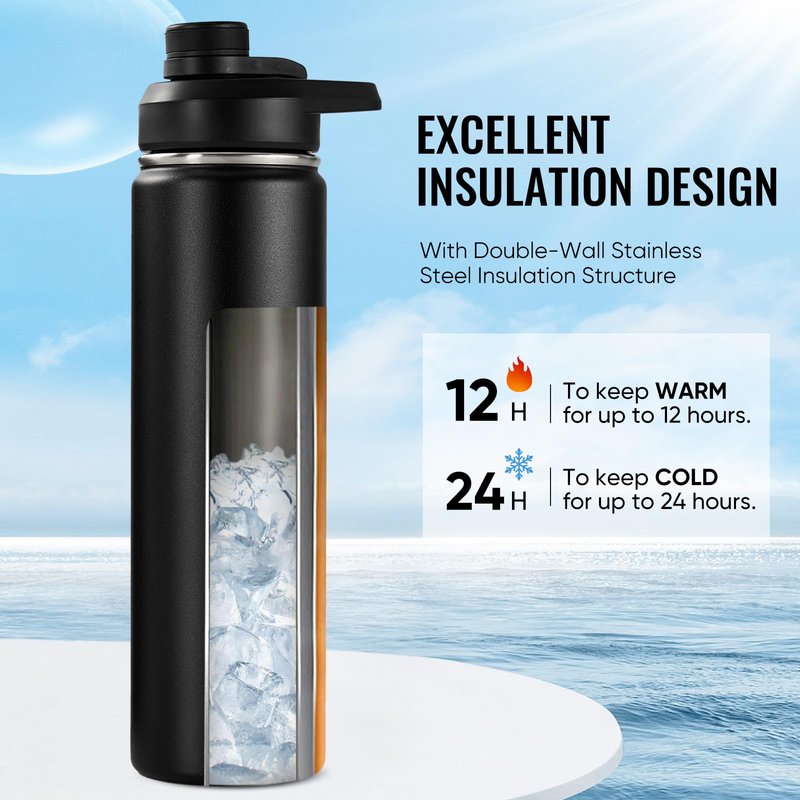 Fijinhom 24 oz Insulated Water Bottle with Handle, 304 Stainless Steel Water Bottles with Wide Mouth, Double Wall Vacuum Sports Water Bottle, BPA Free, Keep Cold and Hot, Black