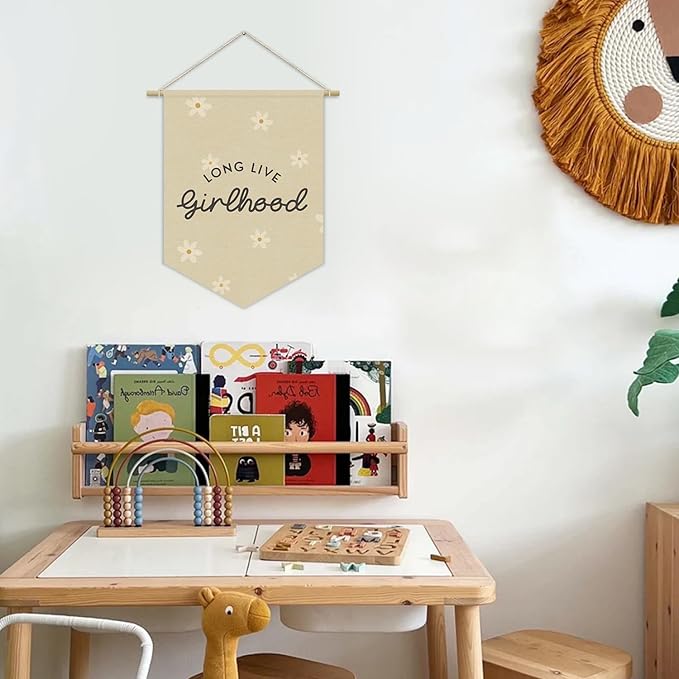 Girl Nursery Decor, Long Live Girlhood Linen Canvas Banner, Neutral Floral Wall Hanging Pennant Flag Banner for Girl Nursery Toddler Kids Room Bedroom Dorm Playroom Decor, 15x11in
