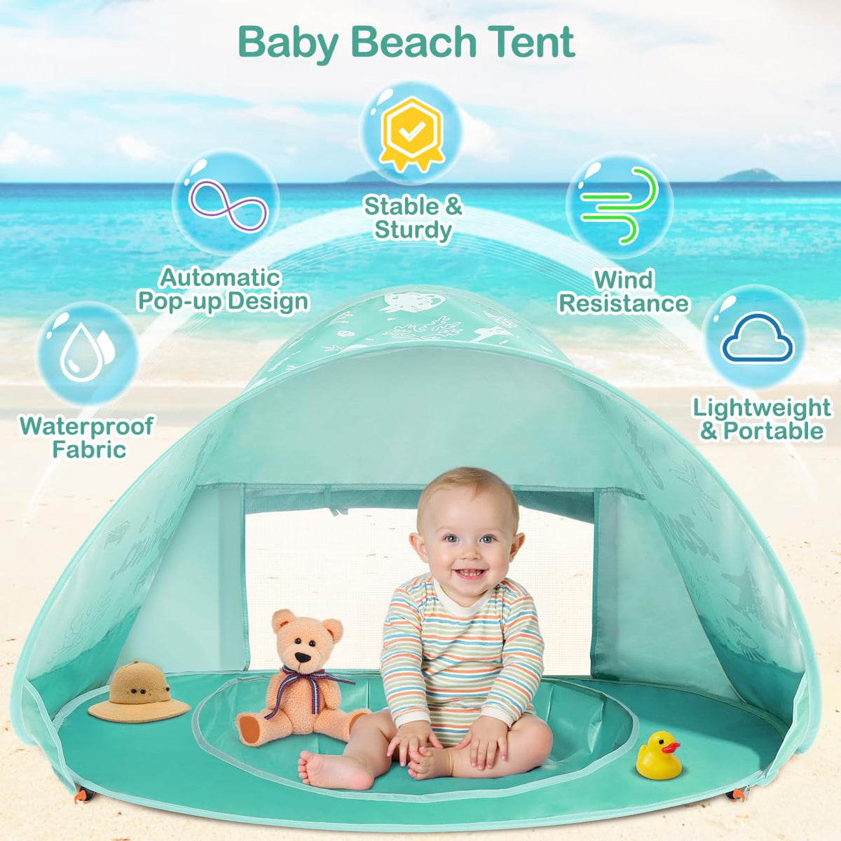 Zooawa Baby Beach Tent, Pop Up Beach Tent Sun Shade for Beach, Portable Shade Pool UV Protection Sun Shelter for Infant with Beach Sand Toys Set, Yellow