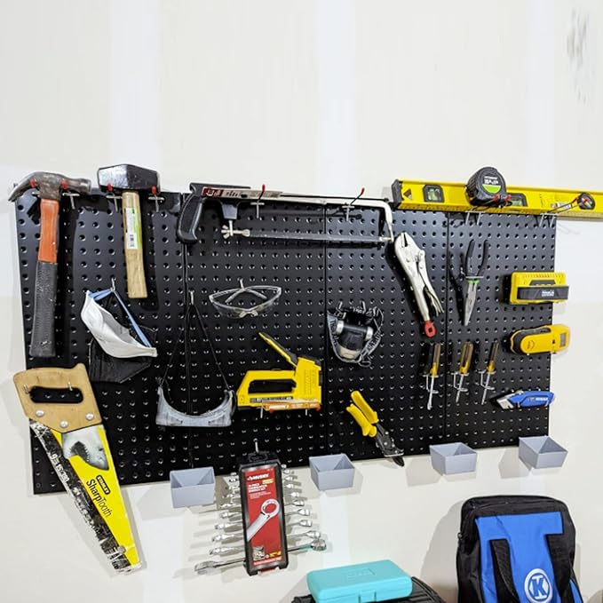 Wallmaster Pegboard Organizer Garage Storage - 48pcs Pegboard Hooks Set, Pegboard Tool Organizer with 48x24 Inch Steel Peg Board & 4 Storage Bins (Black)