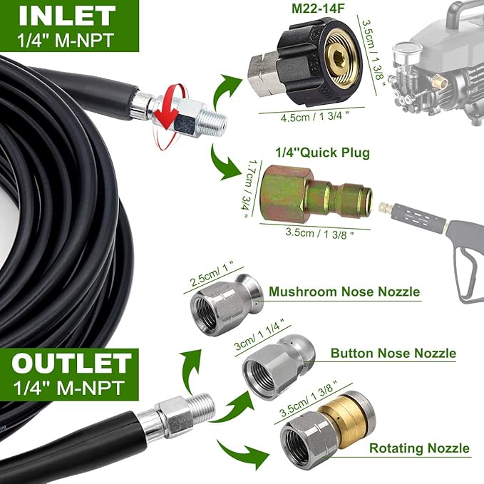 Sewer Jetter Kit 50FT for Pressure Washer, 5800PSI Drain Cleaner Hose 1/4 Inch NPT, Corner, Rotating & Button Nose Sewer Jetting Nozzle with Spanner Waterproof Tape Pearl Corsage Pin