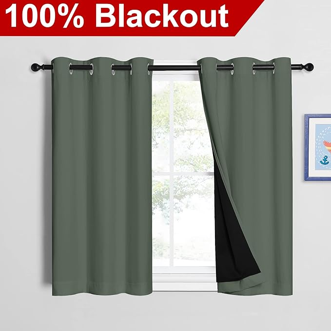 NICETOWN Dark Mallard 100% Blackout Curtains 45 inches Long, 2 Thick Layers