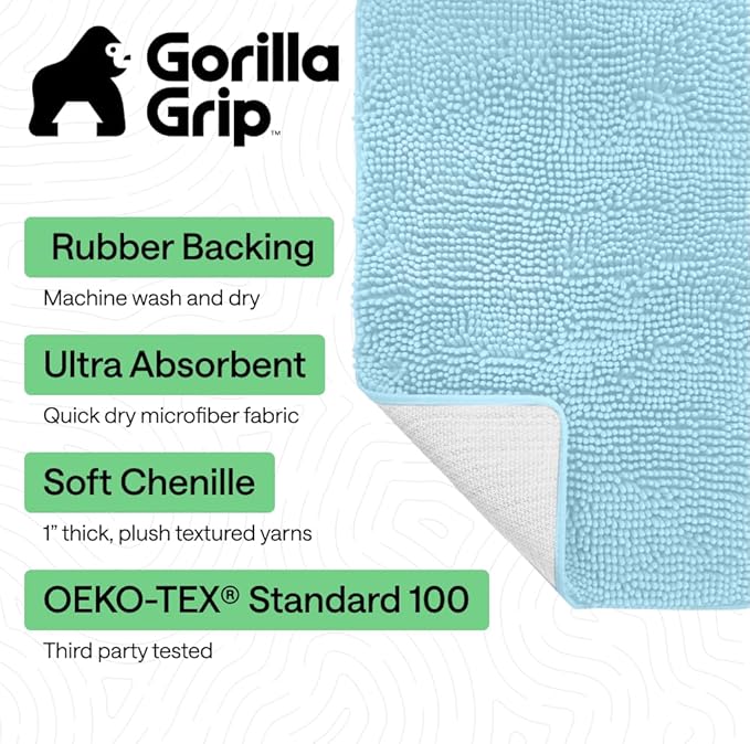 GORILLA GRIP Bath Rug Mat 36x24, Thick Soft Absorbent Chenille, Quick Dry Microfiber Mats, Rubber Backing Washable Shower Floor Rugs, Bathmat Runner, US Designed Bathroom Home Decor Accessories Sky
