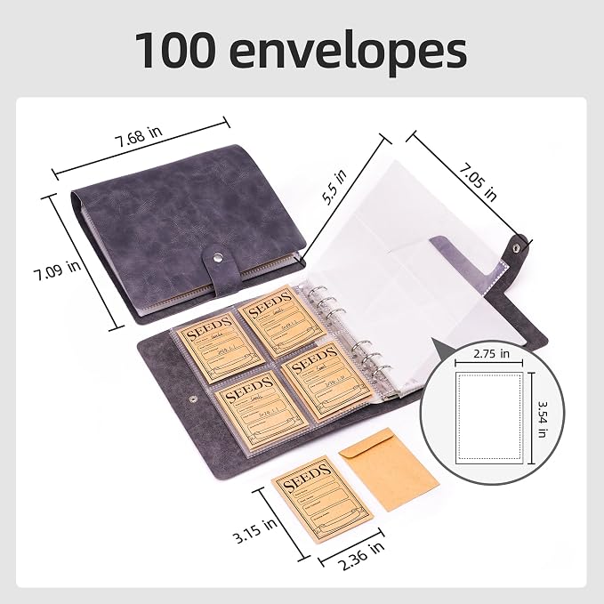 U0U Seed Storage Organizer, 200 Pockets Seed Organizer Binder with 100pcs Sealing Seeds Envelopes Garden Seeds Storage Box,Garden Envelopes for Vegetable (Black)