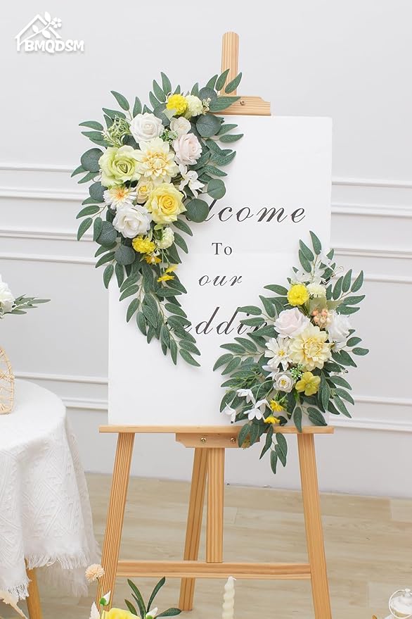 Faux Flowers Wedding Welcome Signs Floral(Pack of 2)，Wedding Arch Flowers for Wedding Decorations and Reception Backdrop Decoration Thanksgiving Halloween Party Decoration (Yellow)