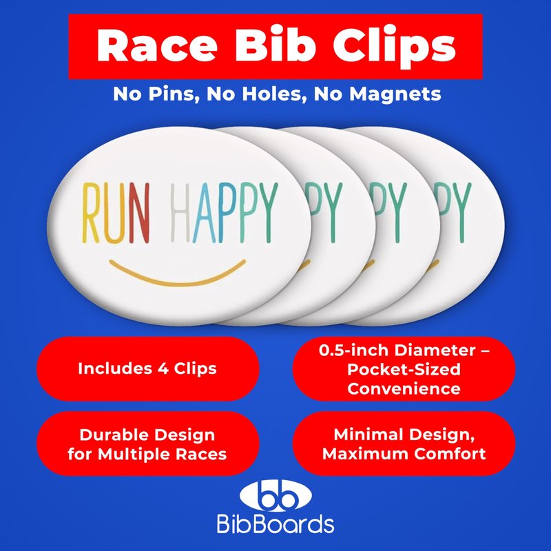 bibSNAPS Race Bib Clips - Safety Lock Fasteners - Secures Running, Marathon, Cycling and Event Number, Non Magnetic, Easy to Use, Soft & Reusable - Replacement for Pins & Magnets - Run Happy (4pcs)