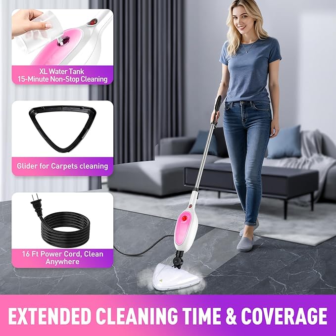 10-in-1 Steam Mop & Detachable Handheld Steamer, 20s Fast Heat-Up, 16FT Power Cord, Multi-Purpose Steam Cleaner for Floors/Carpet/Grout/Window/Stove, Streak-Free Deep Home Cleaning