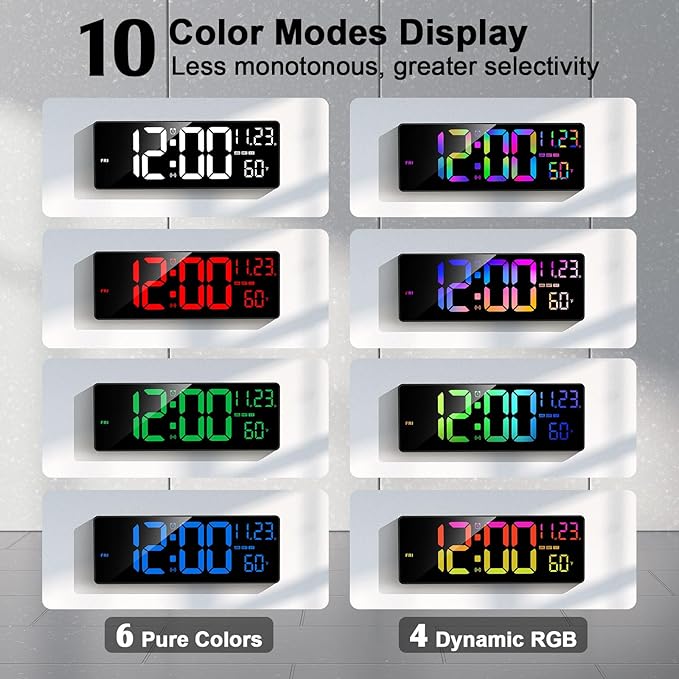 16" Bluetooth Large Digital Wall Clock/Auto Time Sync, 10 RGB Colors Digital