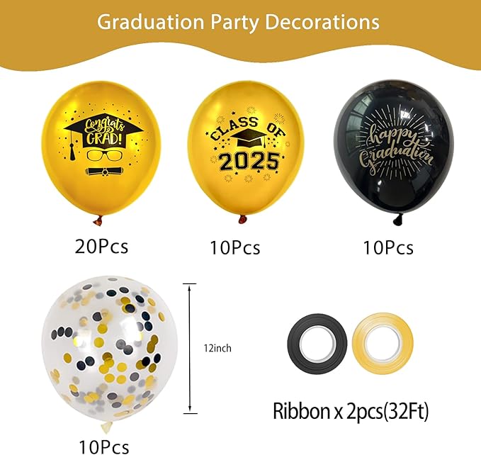 Graduation Balloons 2025 Grad Party Decoration, 50pcs 12 Inch Black and Gold Grad Latex Balloons Graduation Party Balloons for Grad class Celebrations Decoration Supplies