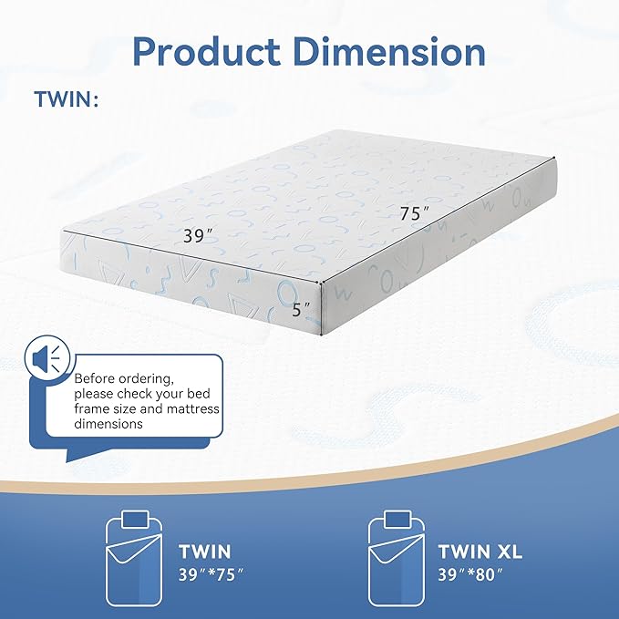 Twin Mattress 6 Inch for Kids, Gel Memory Foam Mattress for Cool Sleep, Medium Firm for Pressure Relief, Fiberglass-Free, Removable Washable Cover, Mattresses in a Box