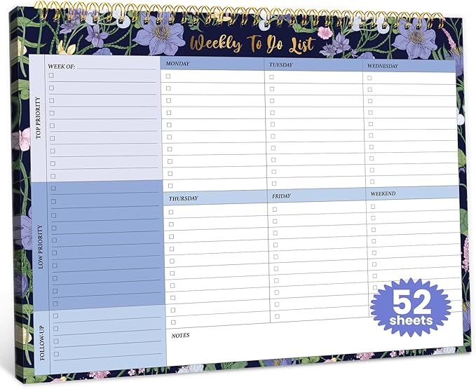 Weekly To Do List Notepad with 52 Undated Sheets（8.5"×11"）- Undated Weekly Planner Notepad for Office Desk Accessories and Supplies - Blue Meadow