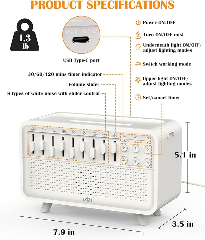 VLU White Noise Sound Machine Diffuser, Essential Oil Diffusers for Home, Air Aroma Diffuser Humidifier with 8 White Noise Effect & LED Night Light, Speaker, Timer, Plug in Design