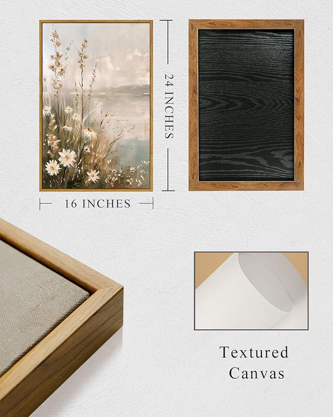InSimSea Framed Canvas Wall Art Vintage Decor, Wildflowers Landscape Pictures Bathroom Wall Decor Aesthetic, Living Room Bedroom Flower Nature Home Decorations, 16x24inch