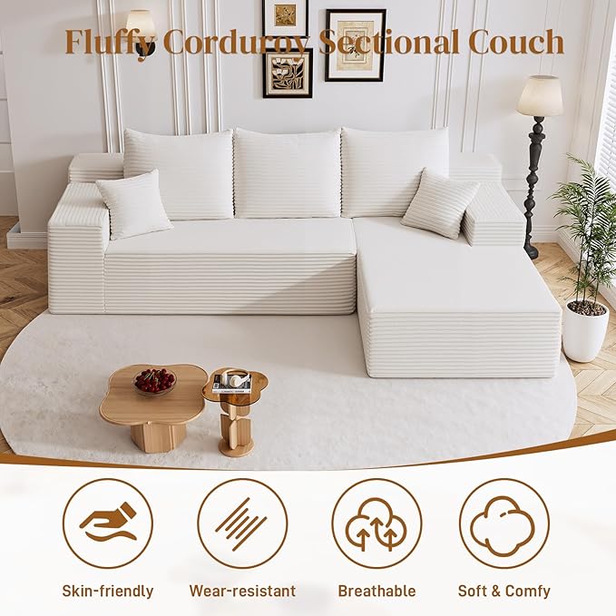108" L Shaped Boneless Sectional Couches for Living Room, Comfy Corduroy Floor Cloud Sofa with Chaise, Wide Armrest, Deep Seat, Memory Foam, Assembly Free, Ideal for Small Spaces, White