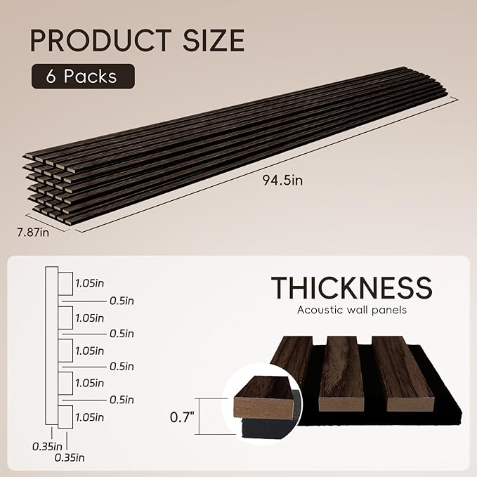 EVERECO 6 Pack Wood Slat Acoustic Wall Panels 92.5" × 7.87", 3D Sound Absorbing