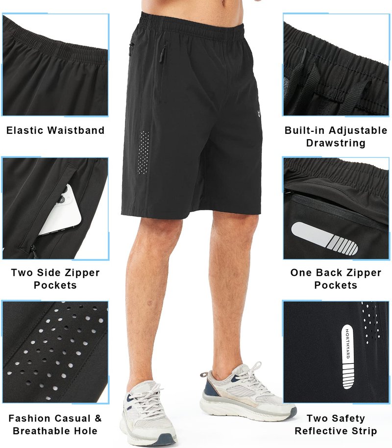 NORTHYARD Men's Athletic Running Shorts Gym Workout 7"/9"/5" Quick Dry Lightweight Sports Basketball Tennis 3 Zipper Pockets Black-9inch L
