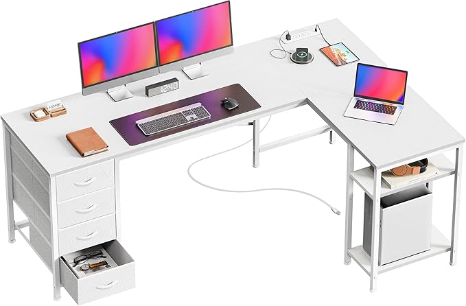 Huuger 63 Inch L Shaped Desk with Fabric Drawers, Reversible Computer Gaming Desk with Power Outlets and USB-C Port, Adjustable Side Storage Shelves, for Work Study Corner Home Office, White