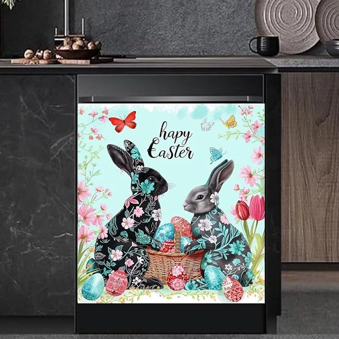 Happy Easter Kitchen Decor Dishwasher Magnet Cover Decal, Bunny Rabbits with Floral Magnetic Dish Washer Panel Door Vinyl Sticker, Refrigerator Magnets,Easy to Clean, 23 x 26 inch