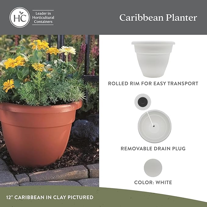 The HC Companies Caribbean Planter Pot - Outdoor & Indoor Plant Pot with Drainage Hole & Plug - Rolled Rim Plastic Pots for Plants & Flowers - Decorative Plant Pot (16" White, Pack of 1)