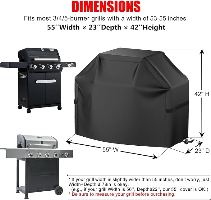 BBQ Grill Cover, Waterproof, Weather Resistant, Rip-Proof, Anti-UV, Fade Resistant, with Hook-and-Loop Straps, Gas Grill Cover for Most Grills, 55 inch, Black