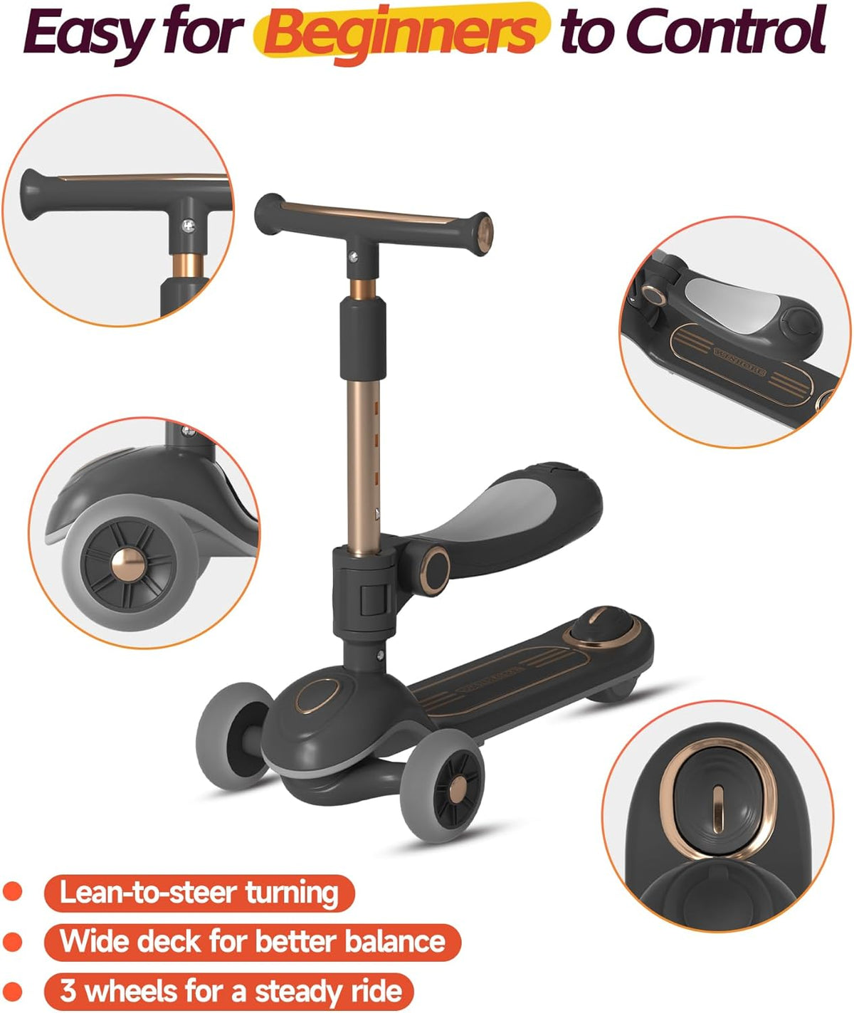 Skiennix 2-in-1 Toddler Scooter - Sit-to-Stand Training for Kids Ages 2-5 | Adjustable Handlebars & Light-Up Wheels