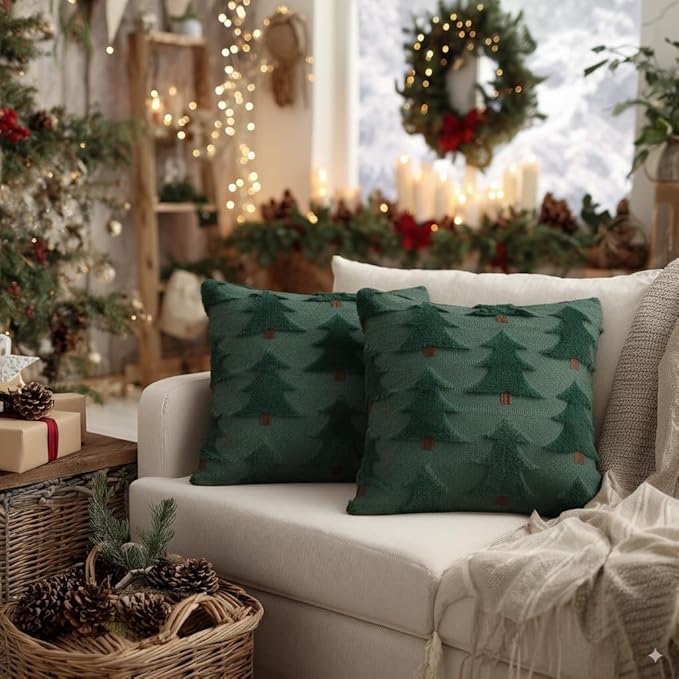 GEEORY Christmas Pillow Covers 16x16 Inch Set of 2, Christmas Decorations Xmas Tree Soft Plush Fluffy Faux Fur Decorative Throw Pillows Farmhouse Winter Cushion Case Green Brown GC033-16