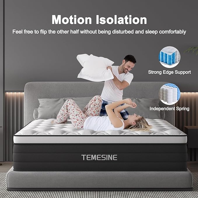 Full Size Mattress, 10 Inch Hybrid Mattress in a Box with Individual Pocket Spring, Gel Memory Foam and Euro Top, Medium Firm Feel with Motion Isolation, Pressure Relief, Edge Support, Black