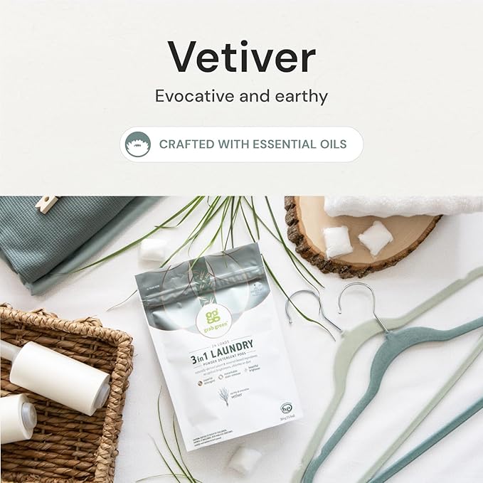 Grab Green 3-in-1 Laundry Detergent Pods, Vetiver Scent, Plant and Mineral Based, Superior Cleaning Power, Stain Remover, Brightens Clothes, White, 132 Count