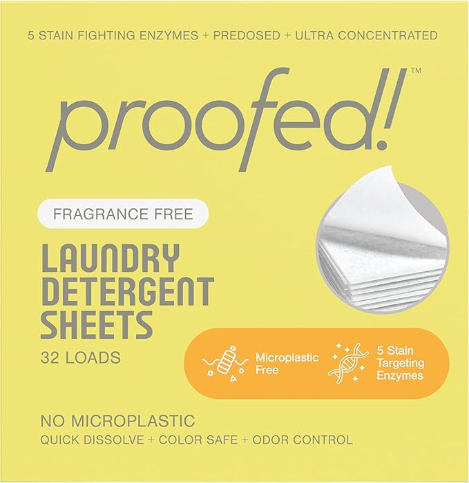 Proofed! Laundry Detergent Sheets, 32 Count, Fragrance-Free, The Only 100% Plastic-Free Sheet, No PVA or PVOH, Hypoallergenic, Bio-Based Ingredients, Made in USA, 1 Box