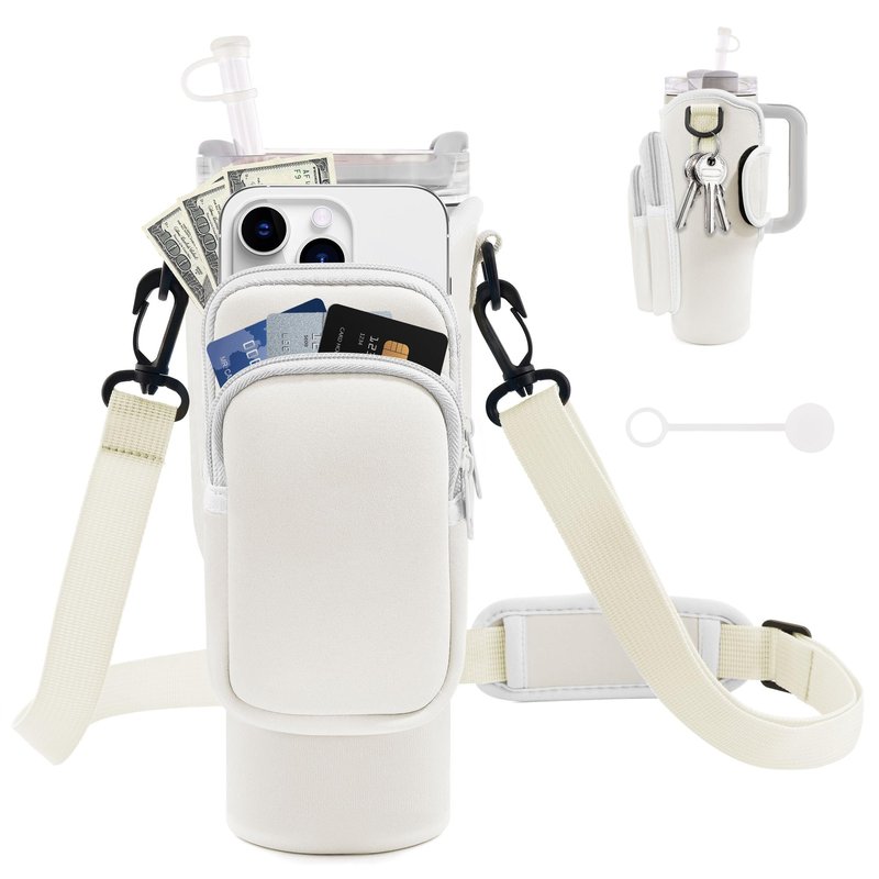 JEBEALUO Water Bottle Carrier Bag with Phone Pocket for Stanley Cup 40/30 oz, Water Bottle Holder with Adjustable Strap& Straw Cover, Stanley Cup Accessories (White)