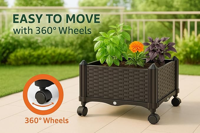 Sherbo Raised Garden Bed Planter Box on Wheels with Trellis, Rattan Style Raised Planter for Outdoor Plants, Compact Mobile Planter Box for Patio or Balcony