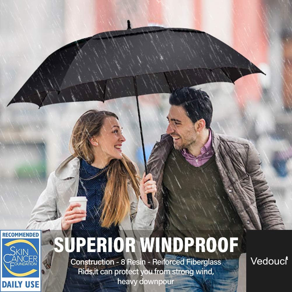 USA Golf Umbrella - Large Oversize Double Canopy Vented Windproof with Teflon Coating | Coal Black