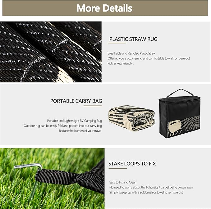 Waterproof Outdoor Rug 8x10 ft, Reversible Plastic Straw Mat with Leaf Pattern, Large Floor Mat for Patio, Camping, Picnic, Backyard RV, Deck, Black