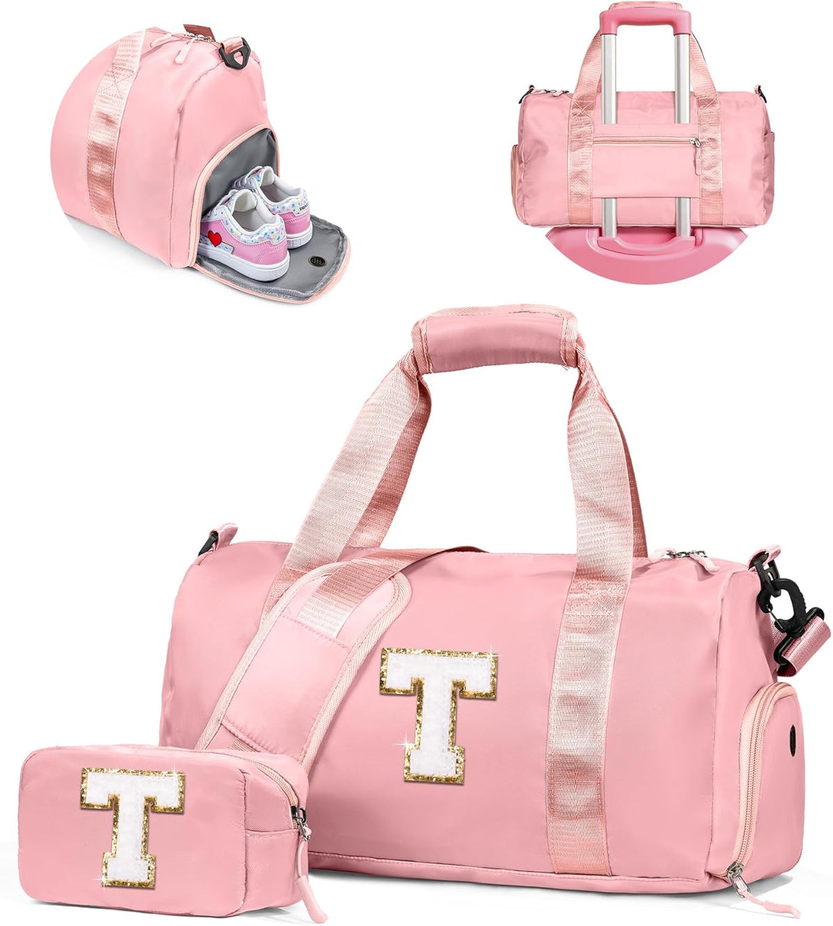 Skiennix Girl Gym Bag - Personalized Weekender Tote with Shoe Compartment & Makeup Pouch | Ideal Gift for Teens & Kids (Letter T)