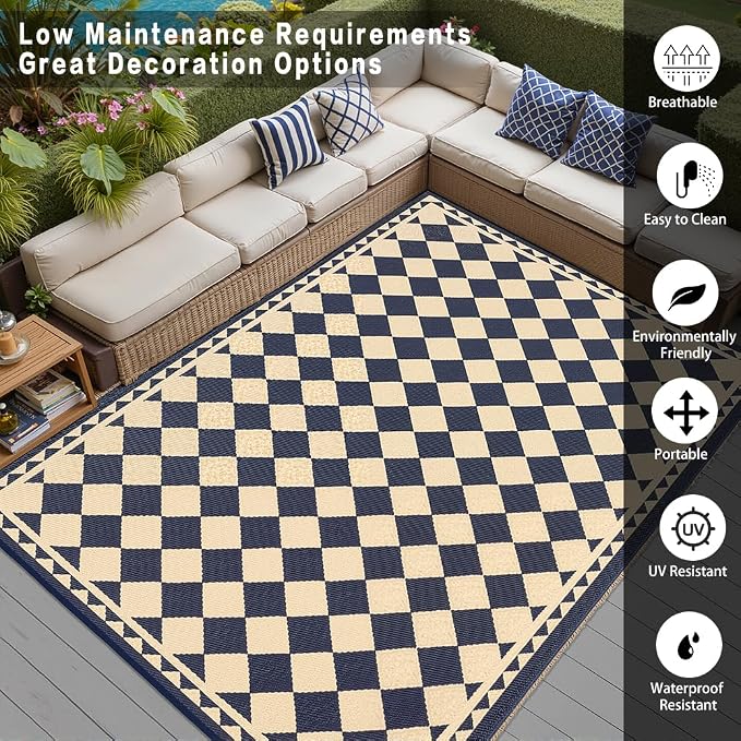 HUGEAR Outdoor Rug for Patios Clearance,Waterproof Mat,Large Outside Carpet,Reversible Plastic Straw Camping Rugs,Rv,Porch,Deck,Camper,Balcony,Backyard (8x10,Checkered/Black&Beige)