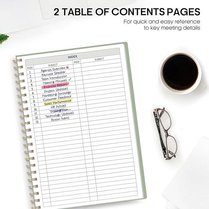 Taja Meeting Notebook for Work Organization - Work Planner Notebook with Action Items, Agenda Planner for Note Taking, 160 Pages (6.9" X 9.9") Project Organizer for Men & Women - Green