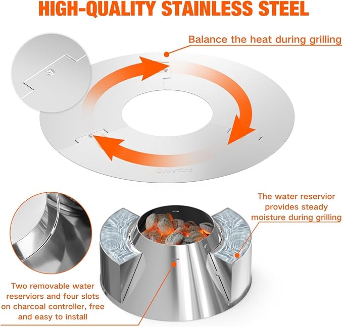 onlyfire Charcoal Basket, BBQ Whirlpool Stainless Steel Ash Basket with Water Reservoirs Charcoal Heat Controller Charcoal Grill Cone for 22”/26” Weber Kettle Charcoal Grills