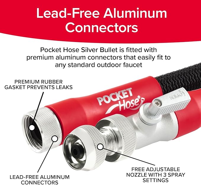 Pocket Hose 25 FT Silver Bullet 2.0 Expandable Garden Hose w/Turbo Shot Nozzle, AS SEEN ON TV, Lead-Free, Solid Aluminum Connectors, Easy On/Off Valve, Kink-Free, Leak-Proof
